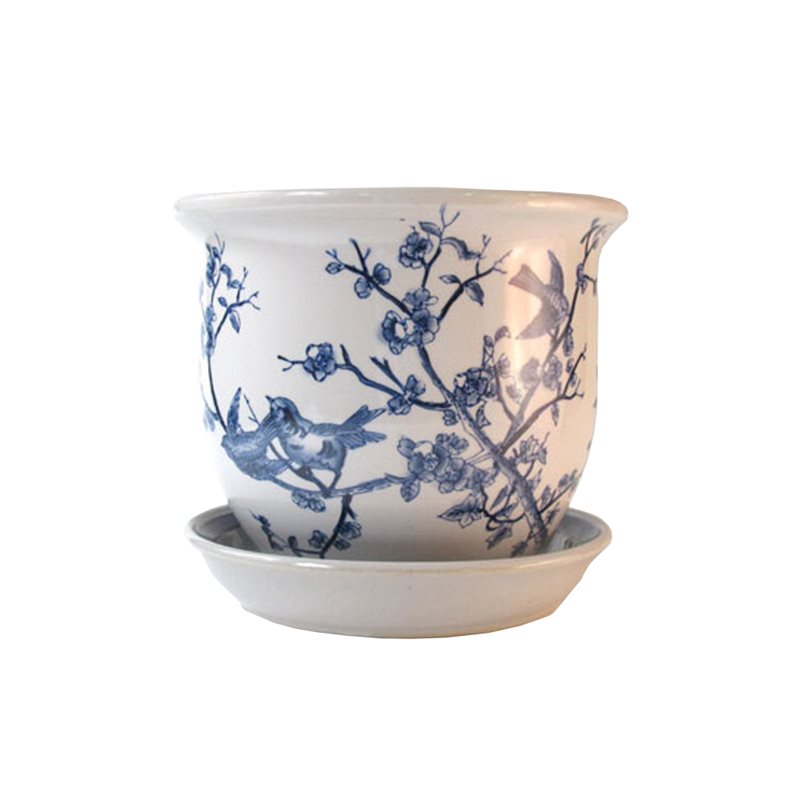 Rund Kruka Med Fat Blue Bird Floral